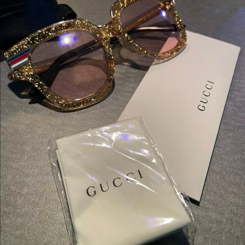 AUTH GUCCI GG0281SA 004 Sunglasses, Gold Glitter Acetate w/ Pink Lenses, ITALY